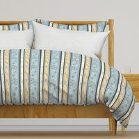 French Country floral border stripes in soft blue, ivory, pale gold, and dark denim blue