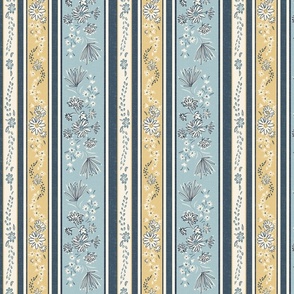 French Country floral border stripes in soft blue, ivory, pale gold, and dark denim blue