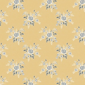 French Country petite floral in pale gold,  ivory, and dark denim