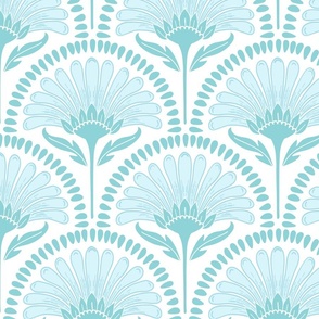 Art Deco Scallop with simple Daisy Floral in pretty pastel aqua blue and white hues large scale