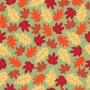 Red Orange Yellow Falling Leaves on Green Medium 8