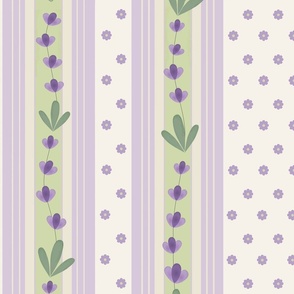 French Country Linen, Lines and Lavender Flowers, Large Scale