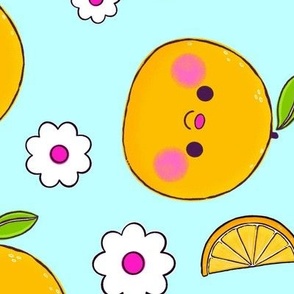 Oranges and Flowers Pattern - Blue Background - Large Scale
