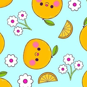 Oranges and Flowers Pattern - Blue Background - Medium Scale