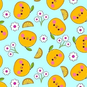 Oranges and Flowers Pattern - Blue Background - Smaller Scale