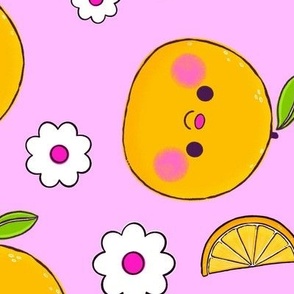 Oranges and Flowers Pattern - Pink Background - Large Scale