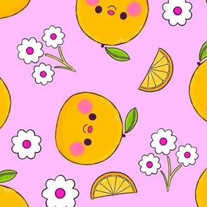 Oranges and Flowers Pattern - Pink Background - Medium Scale