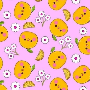 Oranges and Flowers Pattern - Pink Background - Smaller Scale