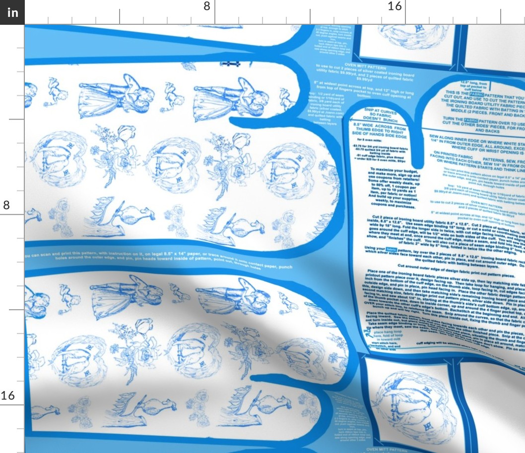 Aqua Blue Toile Oven Mitts Fabric Pattern Fat Quarter With Piece Pattern and Ornament Pattern by Kristie Hubler