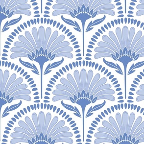 Art Deco Scallop with simple Daisy Floral in forget-me-not blue and white