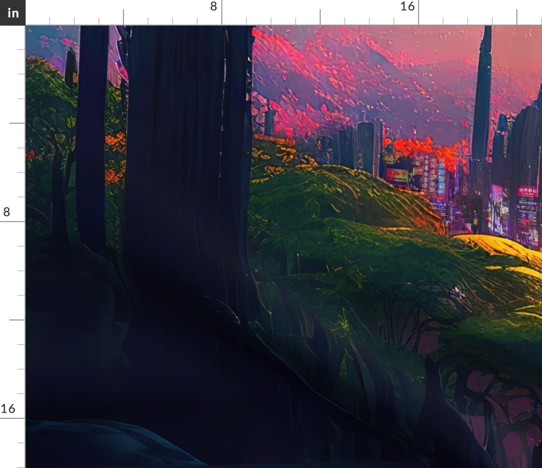 Neon cyberpunk city in a forest in orbit around Saturn — surreal space collage art, cosmic futuristic sci-fi collage