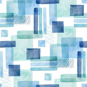 Wonky Watercolour Blue Rectangles non directional abstract geometric medium scale 12 inch