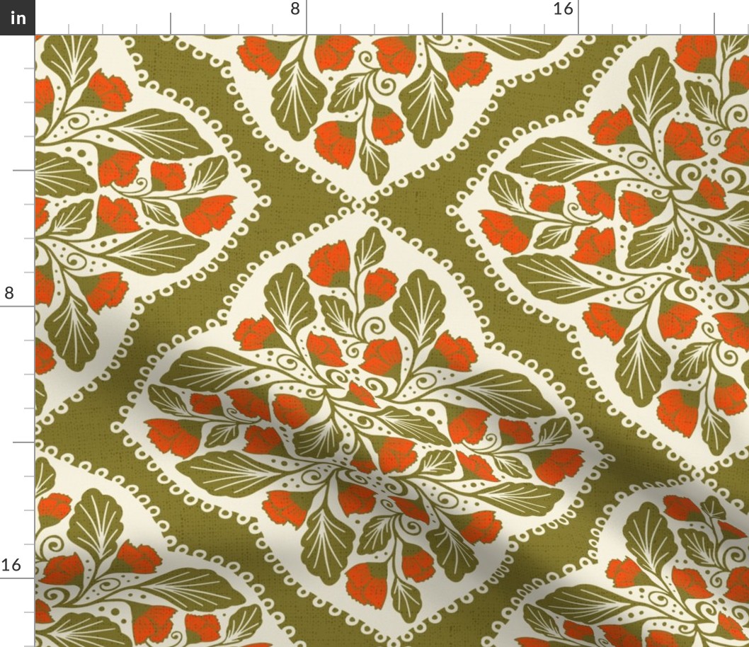 Vintage Floral - Olive Green, Cream and Red