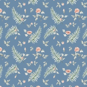 Rose Garden: Watercolor pattern full of delicate pink roses and fern leaves in blue small