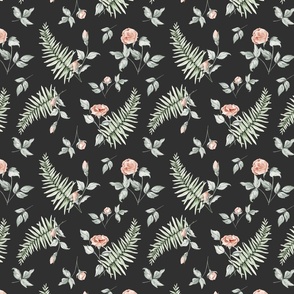 Rose Garden: Watercolor pattern full of delicate pink roses and fern leaves in black small