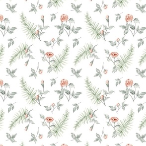 Rose Garden: Watercolor pattern full of delicate pink roses and fern leaves S