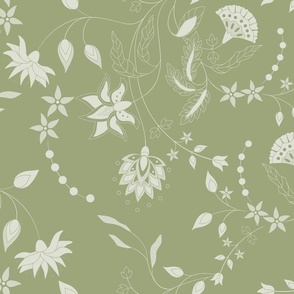 Chintz Florals 02 Green (Green & Dusty Rose Pale Pink)
