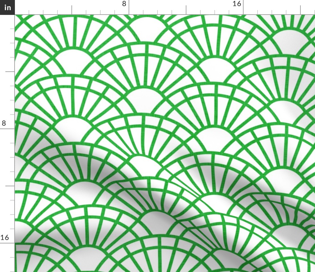 Serene Sunshine- 39 Grass Green on white- Art Deco Wallpaper- Geometric Minimalist Monochromatic Scalloped Suns- Petal Cotton Solids Coordinate- Medium- Bright Kelly Green- Dopamine Christmas