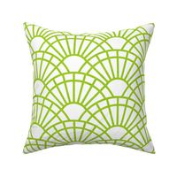 Serene Sunshine- 40 Lime Green on White- Art Deco Wallpaper- Geometric Minimalist Monochromatic Scalloped Suns- Petal Cotton Solids Coordinate-Medium- Dopamine Christmas