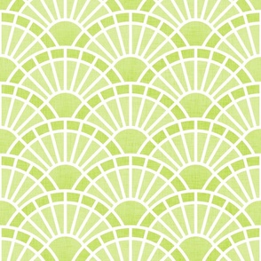 Serene Sunshine- 41 Honeydew Green- Art Deco Wallpaper- Geometric Minimalist Monochromatic Scalloped Suns- Petal Cotton Solids Coordinate- Medium- Light Bright Pastel Green- Spring Baby