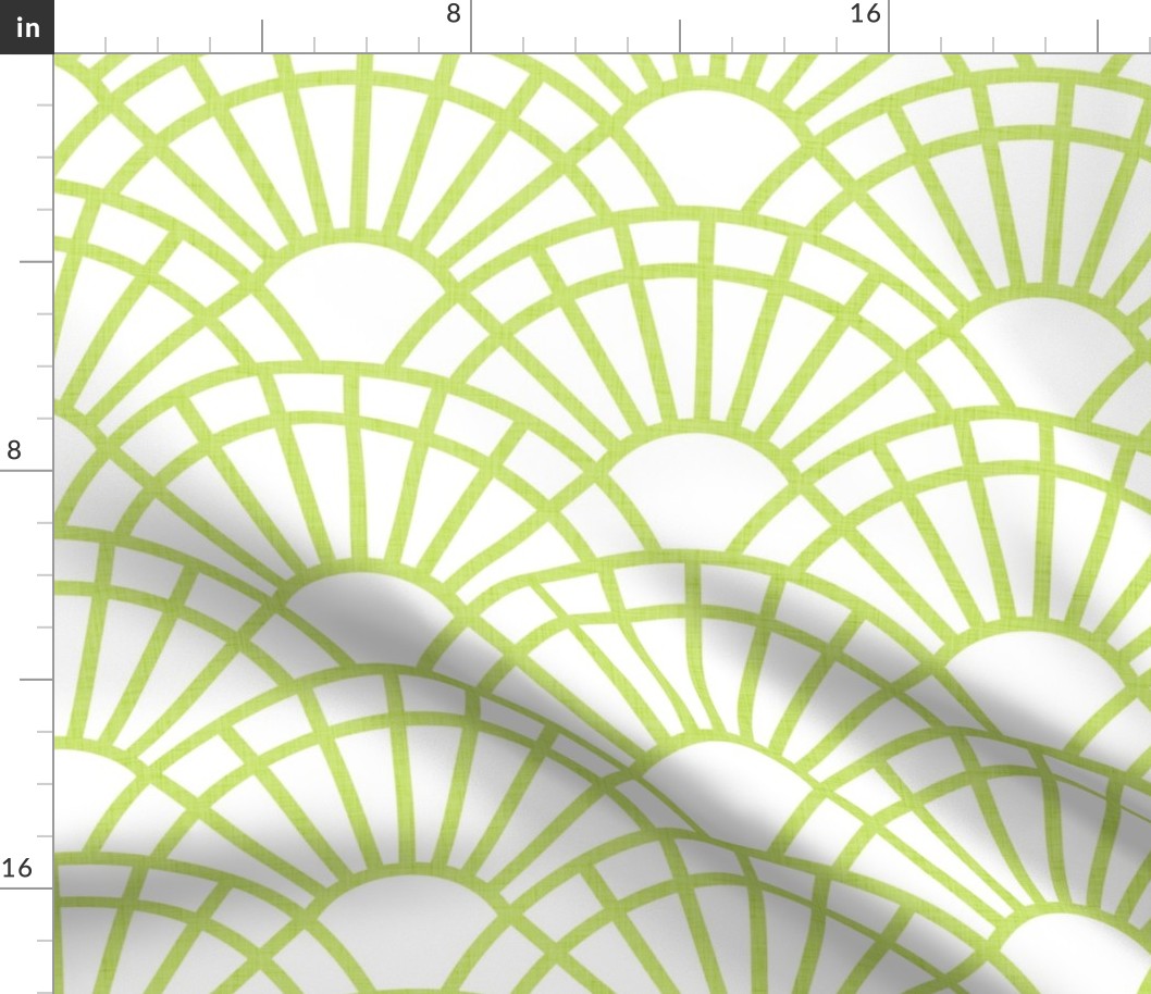 Serene Sunshine- 41 Honeydew Green on White- Art Deco Wallpaper- Geometric Minimalist Monochromatic Scalloped Suns- Petal Cotton Solids Coordinate- Large- Light Bright Pastel Green- Spring Baby