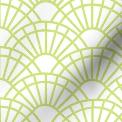 Serene Sunshine- 41 Honeydew Green on White- Art Deco Wallpaper- Geometric Minimalist Monochromatic Scalloped Suns- Petal Cotton Solids Coordinate- Small- Light Bright Pastel Green- Spring Baby