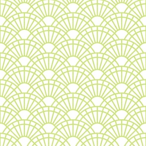 Serene Sunshine- 41 Honeydew Green on White- Art Deco Wallpaper- Geometric Minimalist Monochromatic Scalloped Suns- Petal Cotton Solids Coordinate- Small- Light Bright Pastel Green- Spring Baby
