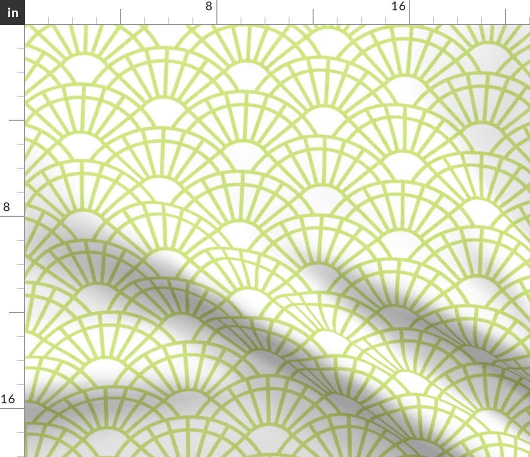 Serene Sunshine- 41 Honeydew Green on White- Art Deco Wallpaper- Geometric Minimalist Monochromatic Scalloped Suns- Petal Cotton Solids Coordinate- Small- Light Bright Pastel Green- Spring Baby