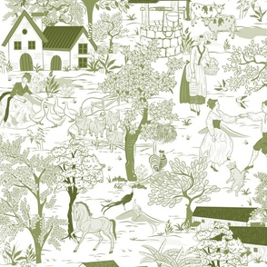 Vintage Farmland- French Toile Olive Large Scale 24''