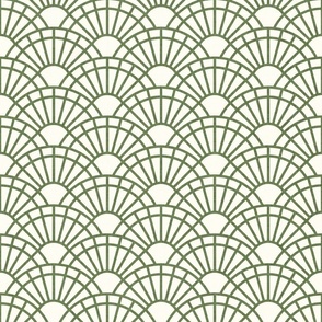Serene Sunshine- 42 Sage on Off White- Art Deco Wallpaper- Geometric Minimalist Monochromatic Scalloped Suns- Petal Cotton Solids Coordinate- Small- Earthy Green- Olive- Moss- Neutral Green