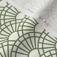 Serene Sunshine- 42 Sage on Off White- Art Deco Wallpaper- Geometric Minimalist Monochromatic Scalloped Suns- Petal Cotton Solids Coordinate- sMini- Earthy Green- Olive- Moss- Neutral Green