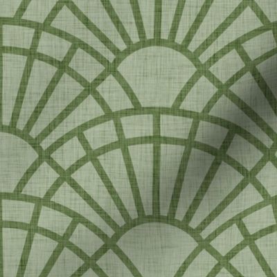 Serene Sunshine- 42 Sage on Sage- Art Deco Wallpaper- Geometric Minimalist Monochromatic Scalloped Suns- Petal Cotton Solids Coordinate- Medium- Earthy Green- Olive- Moss- Neutral Green