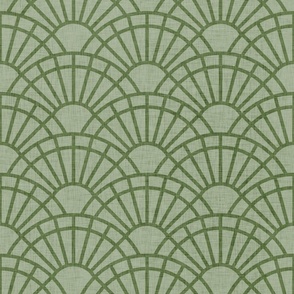 Serene Sunshine- 42 Sage on Sage- Art Deco Wallpaper- Geometric Minimalist Monochromatic Scalloped Suns- Petal Cotton Solids Coordinate- Medium- Earthy Green- Olive- Moss- Neutral Green