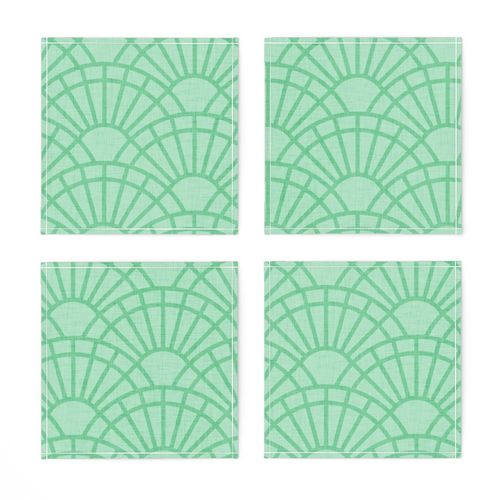 Serene Sunshine- 43 Jade on Pastel Mint- Art Deco Wallpaper- Geometric Minimalist Monochromatic Scalloped Suns- Petal Cotton Solids Coordinate- Medium- Pastel Mint Green