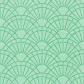 Serene Sunshine- 43 Jade on Pastel Mint- Art Deco Wallpaper- Geometric Minimalist Monochromatic Scalloped Suns- Petal Cotton Solids Coordinate- Medium- Pastel Mint Green