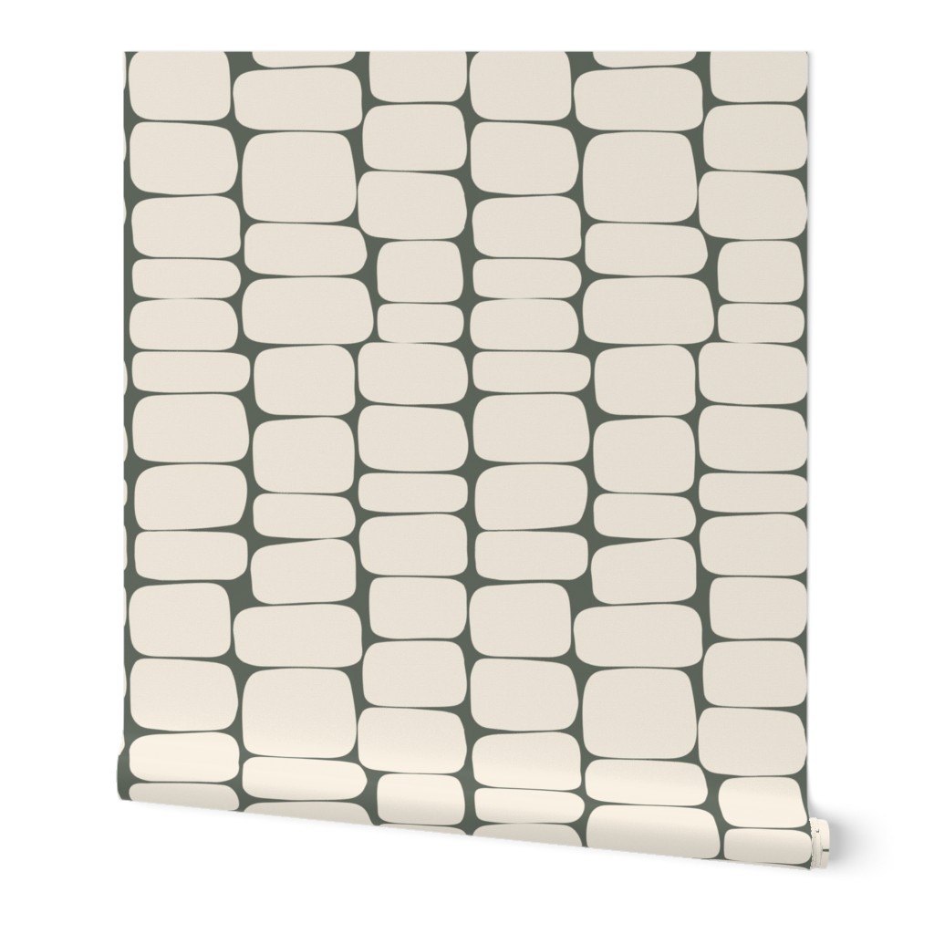 Small | Abstract Geometric Rectangle Stone Shape with Ivory Ecru Off-White Cream on Rainy Grey Green Muted Green in Japandi, Normcore Aesthetic with Minimal Minimalistic Vibes for Natural Boho Home Decor, Rustic Farmhouse Wallpaper & Cottage Chic Upholsty