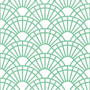 Serene Sunshine- 43 Jade on White- Art Deco Wallpaper- Geometric Minimalist Monochromatic Scalloped Suns- Petal Cotton Solids Coordinate- Medium- Pastel Mint Green