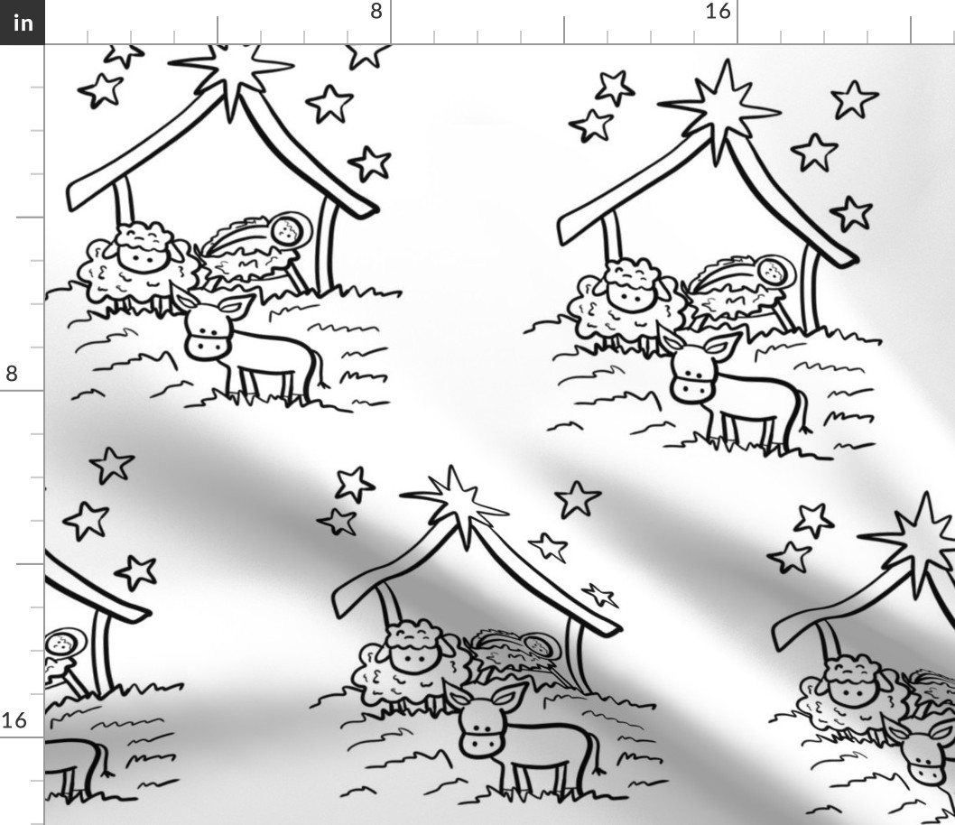 Black and White Christmas Nativity Coloring Fabric