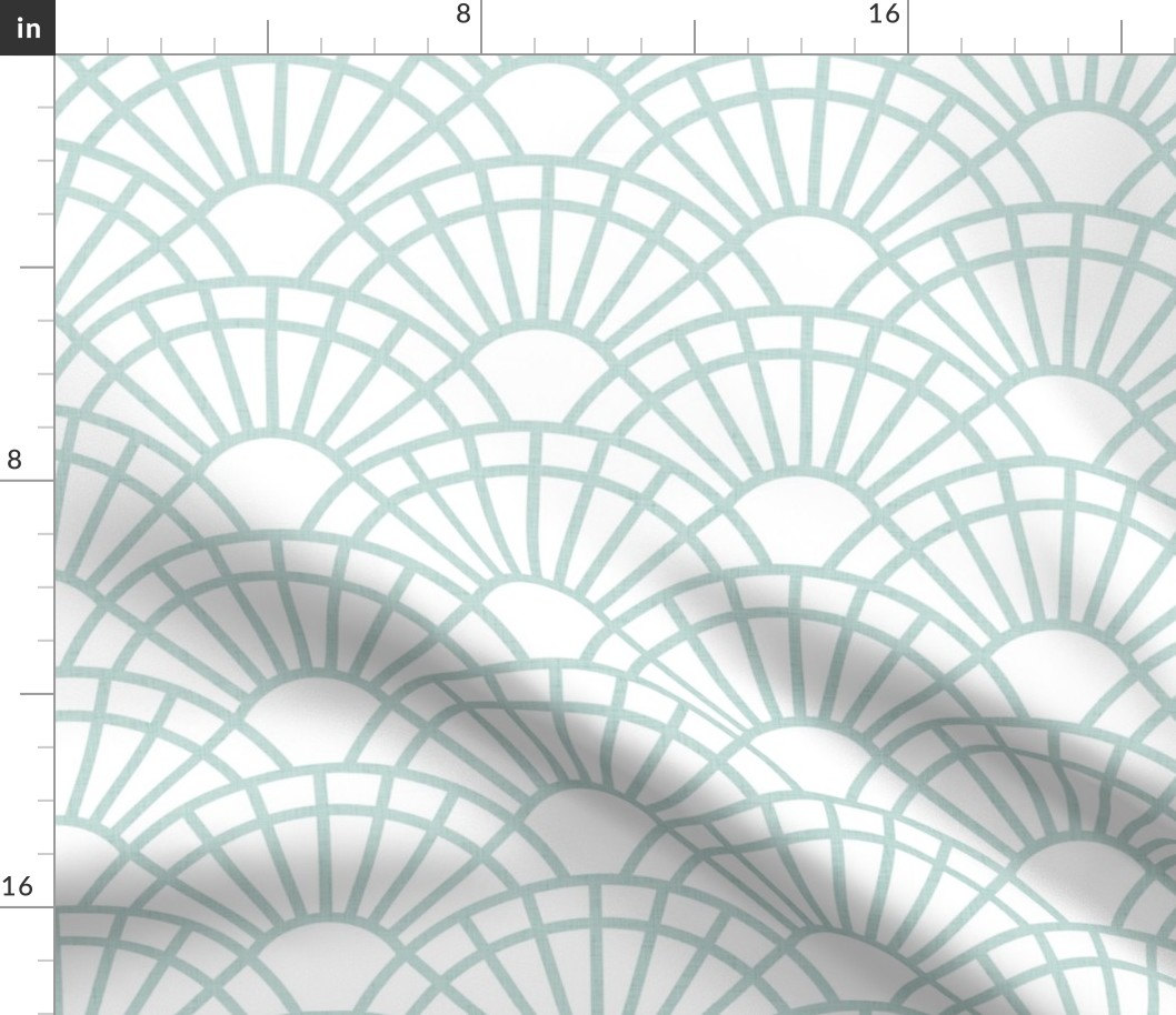 Serene Sunshine- 44 Seaglass on White- Art Deco Wallpaper- Geometric Minimalist Monochromatic Scalloped Suns- Petal Cotton Solids Coordinate- Medium- Pastel Mint Green