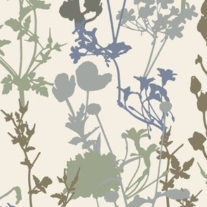 Whimsical Magical Flower Field with Botanical Flowers in Olive Green Sage Mint Cornflower Blue Grey Green Pale Blue on Ivory Ecru Off-White in Floral Farmhouse, Boho Country Home, Romantic Cottage Chic for Garden Tablecloth, Kitchen Wallpaper, Romantic Fa