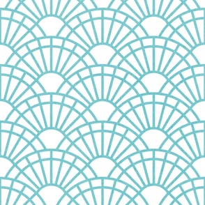 Serene Sunshine- 45 Pool on White- Art Deco Wallpaper- Geometric Minimalist Monochromatic Scalloped Suns- Petal Cotton Solids Coordinate- Medium- Pastel Turquoise Blue- Summer