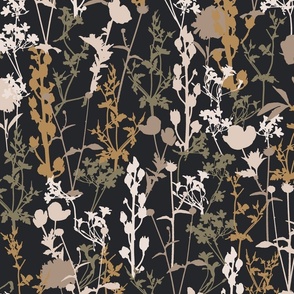 Whimsical Magical Flower Field with Botanical Flowers in Greige Grey Beige Ochre Yellow Terracotta Sage Green on Moody Charcoal Black in Floral Farmhouse, Boho Country Home, Romantic Cottage Chic for Garden Tablecloth, Kitchen Wallpaper, Romantic Fabric