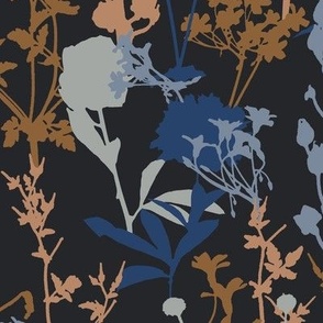 Whimsical Magical Flower Field with Botanical Flowers in Pale Blue Royal Apricot Peach Blue Terracotta on Moody Charcoal Black in Floral Farmhouse, Boho Country Home, Romantic Cottage Chic for Garden Tablecloth, Kitchen Wallpaper, Romantic Fabric