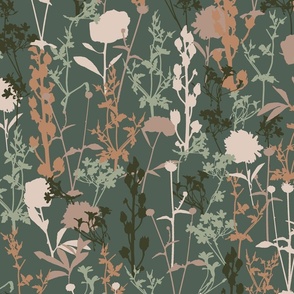 Whimsical Magical Flower Field with Botanical Flowers in Ivory Dark Green Terracotta Blush Pink Mint Green on Pine Green in Floral Farmhouse, Boho Country Home, Romantic Cottage Chic for Garden Tablecloth, Kitchen Wallpaper, Romantic Fabric