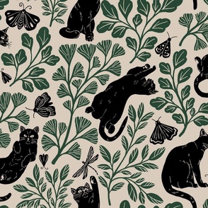 Cat's garden: playful cats amongst leaves and bugs in beige and green, large