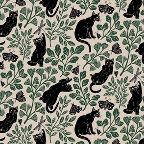 Cat's garden: playful cats amongst leaves and bugs in beige and green, medium