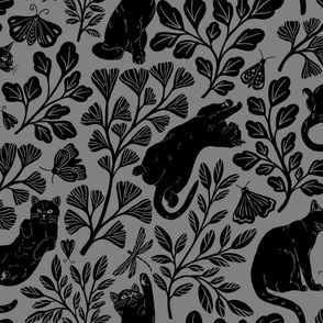 Cat's garden: playful cats amongst leaves and bugs in grey, large