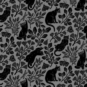 Cat's garden: playful cats amongst leaves and bugs in grey medium