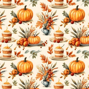 Thanksgiving Pumpkins & Flowers on Cream