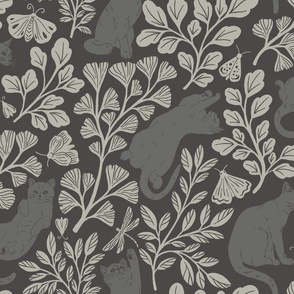 Cat's garden: playful cats amongst leaves and bugs in warm grey, large